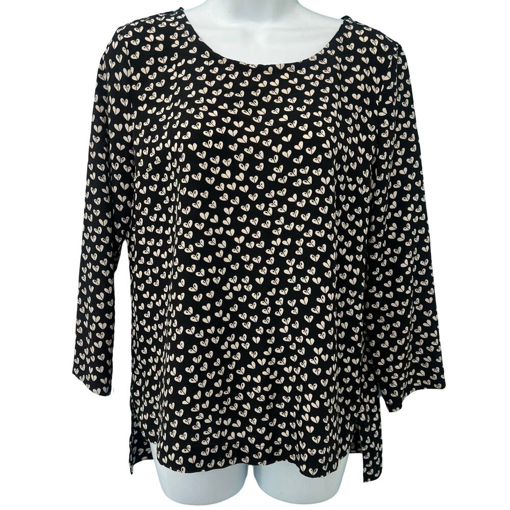 Maeve Anthropologie Heart Black White Half Sleeve Back Zip 100% Silk Blouse sz S